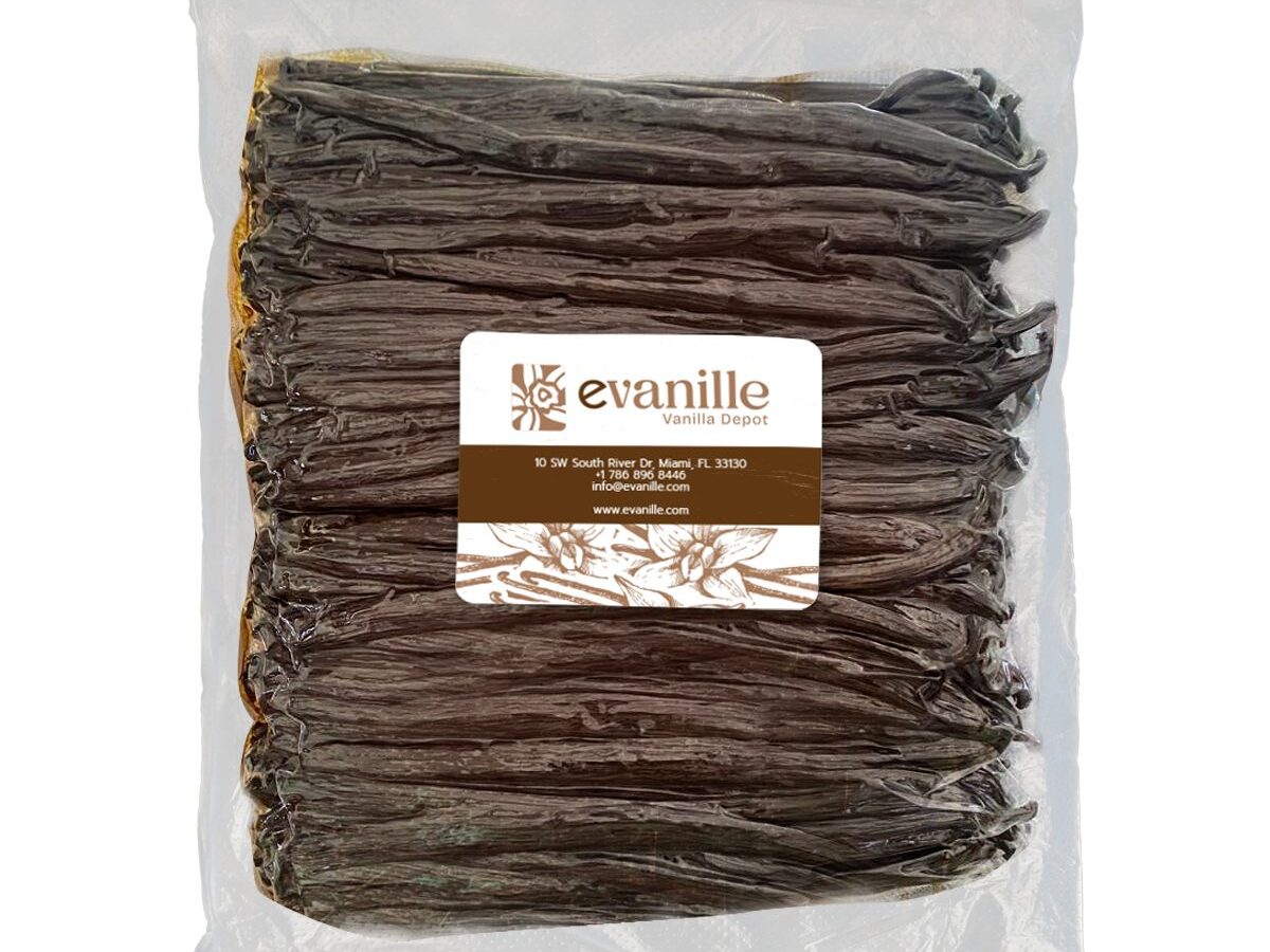 Vacuum-sealed pack of Ugandan vanilla beans with the Evanille label, as shipped from the Florida warehouse