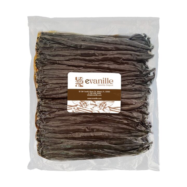 Vacuum-sealed pack of Ugandan vanilla beans with the Evanille label, as shipped from the Florida warehouse