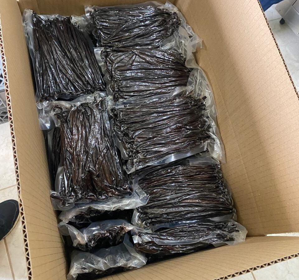 Vacuum-packed bricks of cured vanilla beans packed inside a lined export carton